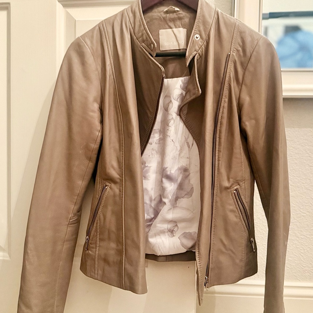 Sonia & Kyo Tan Real Leather Asymmetrical Cropped Moto Jacket Women's Small